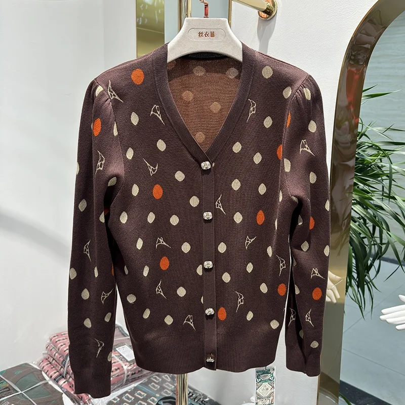 Weishina 24 Spring New Middle-aged Women Dress Fashion V-neck Polka Dot Long sleeve Knit Sweater V356