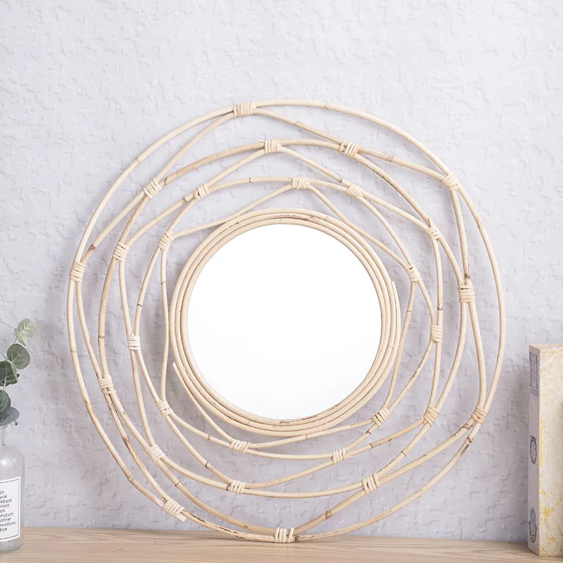 

Ins Handmade Rattan Decorative Mirror Homestay Living Room Bedroom Round Mirror Porch Creative Wall Decor Home Daily Necessities