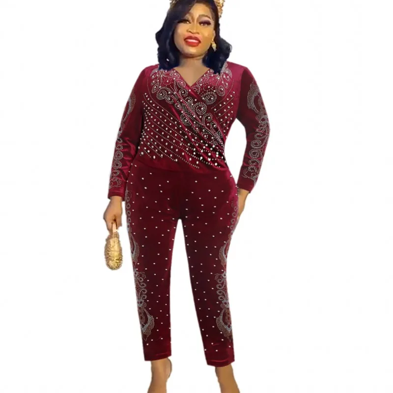 

African Clothes Jumpsuit Women V Neck Full Sleeve Diamond Beading Playsuit Spring New Solid Velvet Casual African Jumpsuits 2022