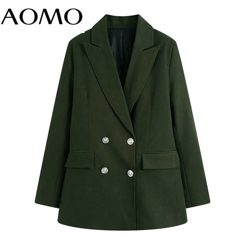 

AOMO Women 2022 Fashion Amy Green Blazer Coat Vintage Double Breasted Long Sleeve Female Outerwear Chic Tops BE301A
