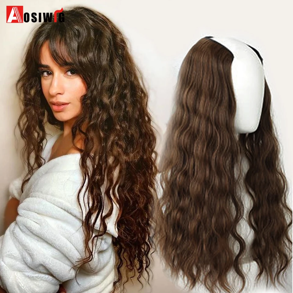 AOSI Synthetic Hair Fake Hair Extensions Clip Hairpiece V-Shaped Half Wig Natural Wavy Extension False Strands On Hairpins Women