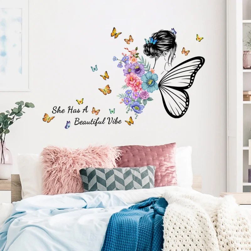 

Butterfly English Slogan Wallpaper Girl Flower Beautification Living Room Room Decoration Wall Door Cabinet Self-adhesive Mural