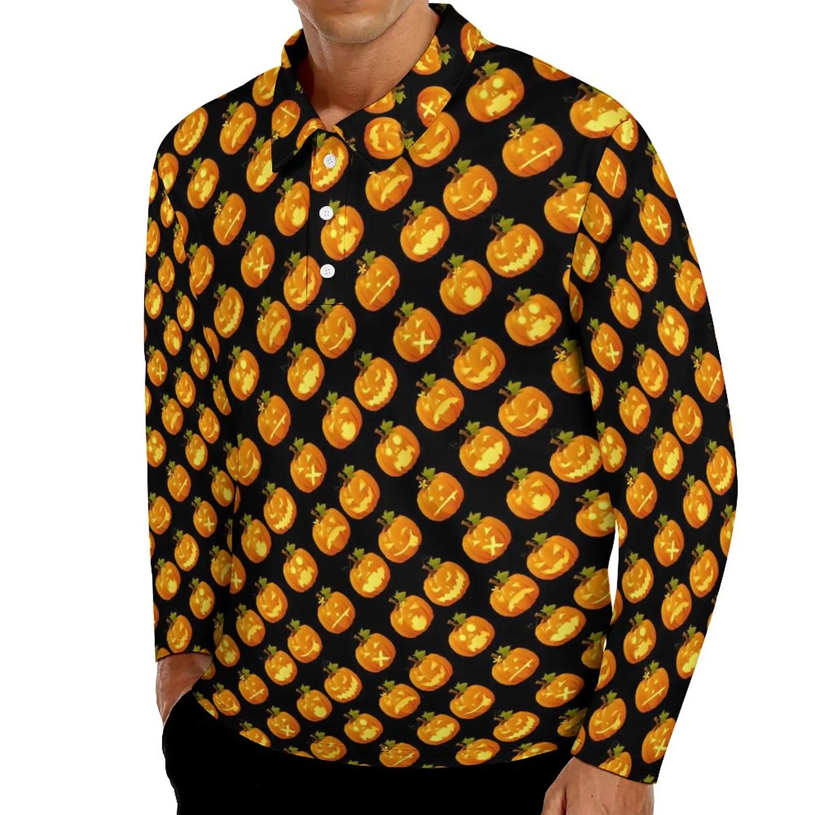 

Spooky Pumpkin Casual T-Shirts Man Happy Halloween Long Sleeve Polo Shirts Collar Stylish Spring Graphic Shirt Big Size 4XL 5XL