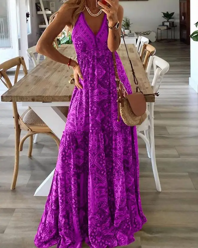 

2023 Summer New Commuting Women's Dress Fashionable and Elegant Commuting Scarf Tribal Print Sleeveless Maxi Dress