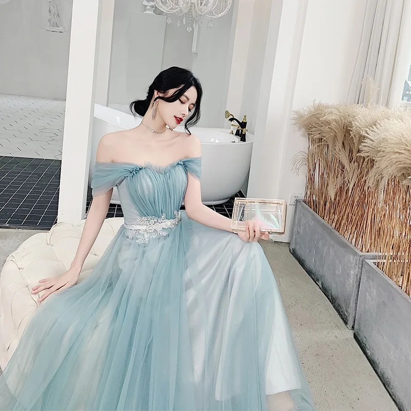 

Elegant Sheer Mesh Lace Night Party Dresses Women Maxi Christmas Dress Summer New A-Line Ankle-Length Chiffon Blue Vestido Festa