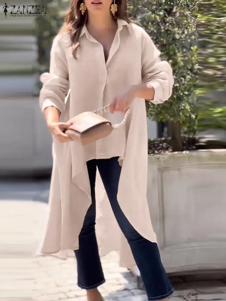 

Women Elegant Shirts ZANZEA Comfy Solid Color Long Sleeve Shirt Casual Loose Versatile Blouse Oversized Lapel Neck Blusas Femme