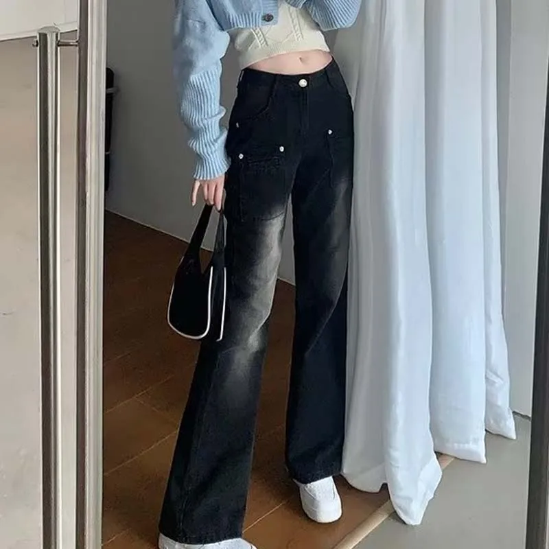 

Женские джинсы-клеш в стиле ретро, черные и серые повседневные узкие джинсы с высокой талией в Корейском стиле, модная женская одежда