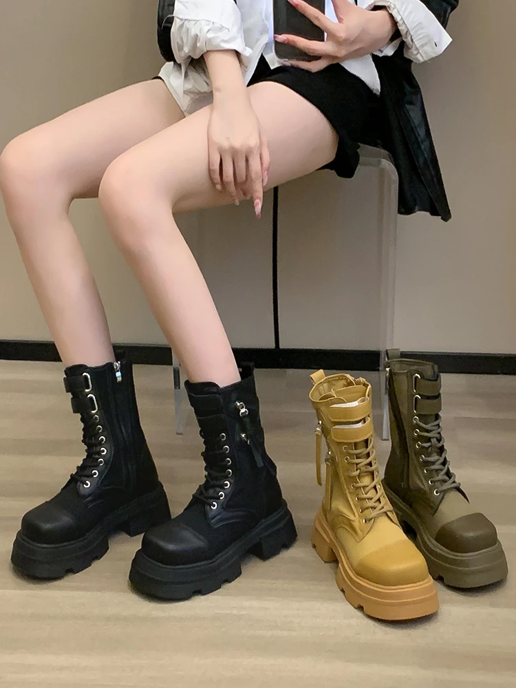 

Riding Boots Winter Shoes For Women Boots-Women Zipper 2023 Lolita Autumn High Heel Ladies Leather Rubber Ankle Rock Square Toe