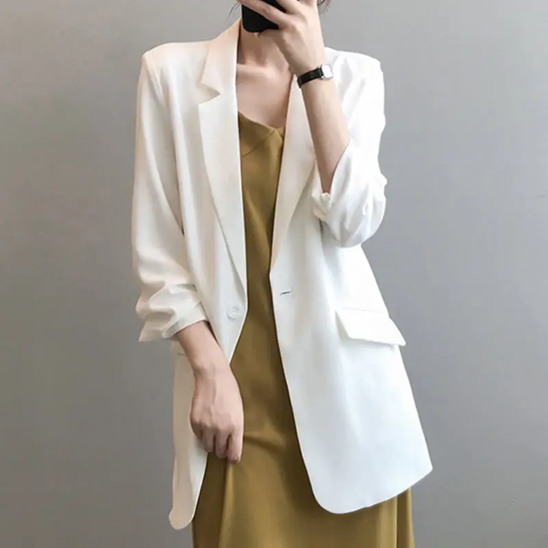 2023 Summer Chiffon Small Suit Jacket Women Thin Hang Loose Casual Slim Mid-length White