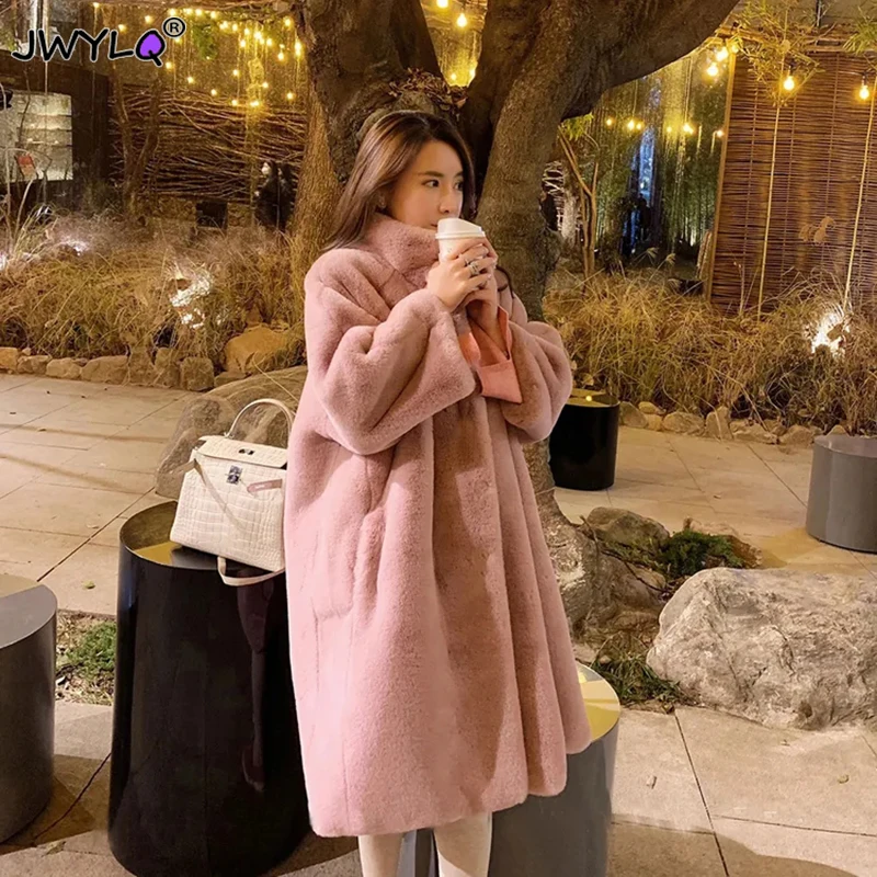 

Winter Stand Collar Thicken Warm Faux Fur Coats Solid Color Hem Knee-length Loose Oversized Clothes Women Korean Streetwear Coat