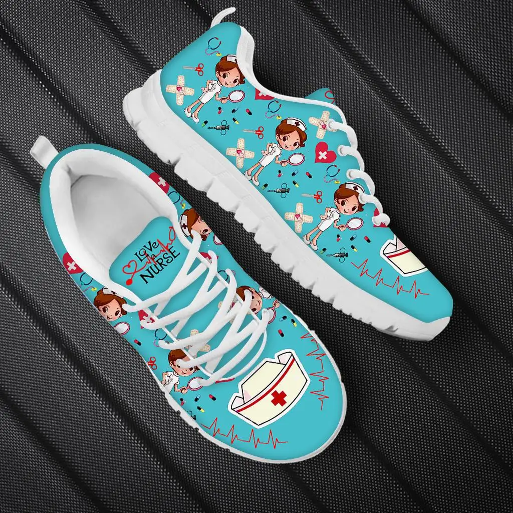 

Funny Cartoon Nurse Girl Pattern Woman Flats Shoes Spring Autumn Mesh Lace Up Sneaker Plus 48 Female Casual Footwear
