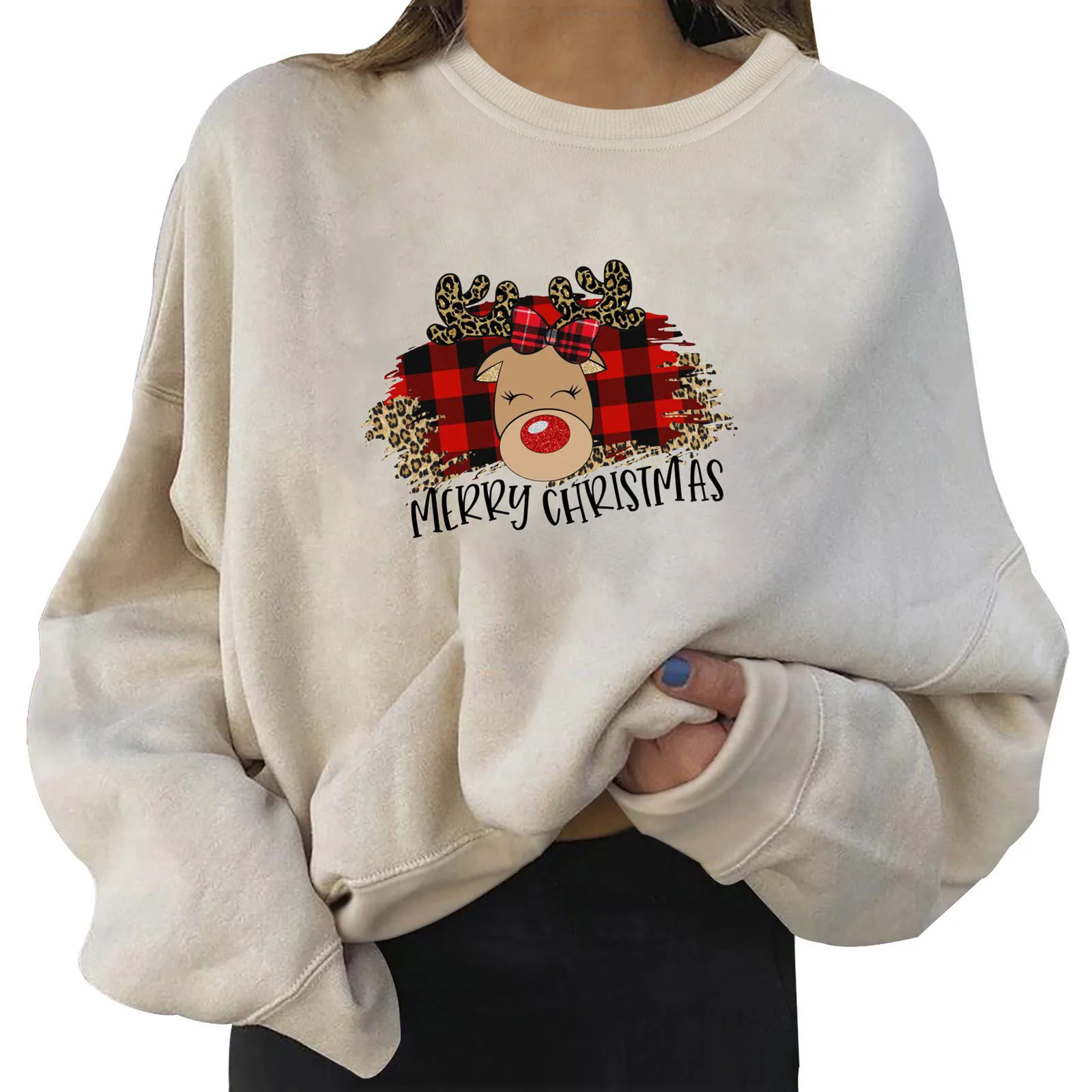 

Merry Christmas Clothing O-neck Pullovers Women Plaid Reindeer Cartoon Graphic Cute Lovely Fashion Printing Female Sweatshirts