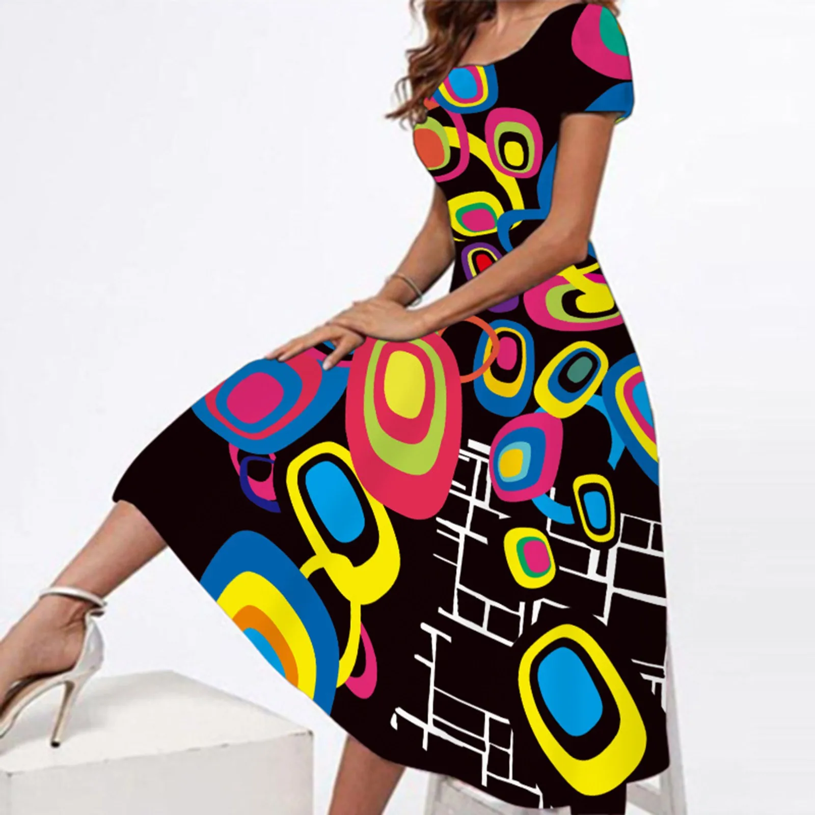 

Летнее платье для женщин, Короткое женское летнее Повседневное платье с коротким рукавом и цветочным принтом, свободное платье с круглым вы...