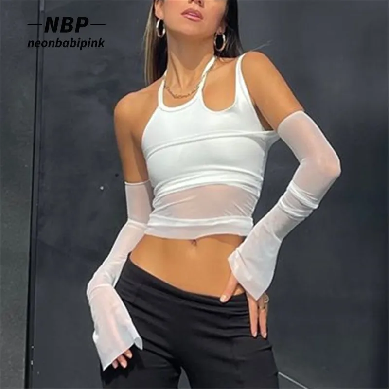 

NEONBABIPINK Sexy White Sheer Mesh Crop Top T-shirts Irregular Cutout Halter Neck Fake Two-piece Long Sleeve Tees N33-BD15