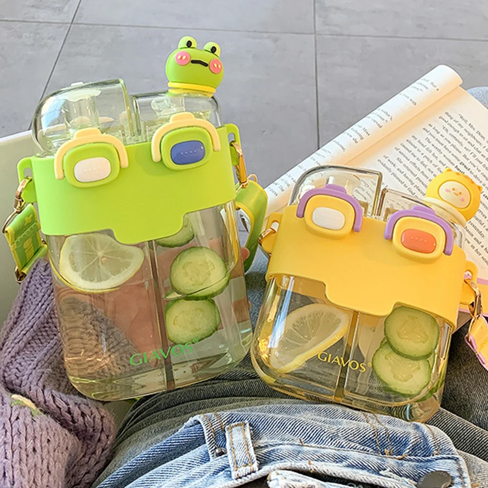 

780ml Cute Children Double Drinking Water Bottle Portable Straw Cup Cartoon Student Plastic Cup High-value Gift Drink Bottle