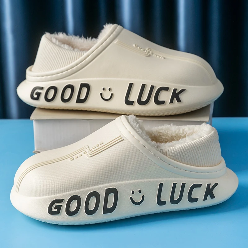 

Winter Men Shoes Slipper Warm Plush Slides EVA Waterproof Cotton Indoor House Shoes Good Luck Casual Sports Men Slipper