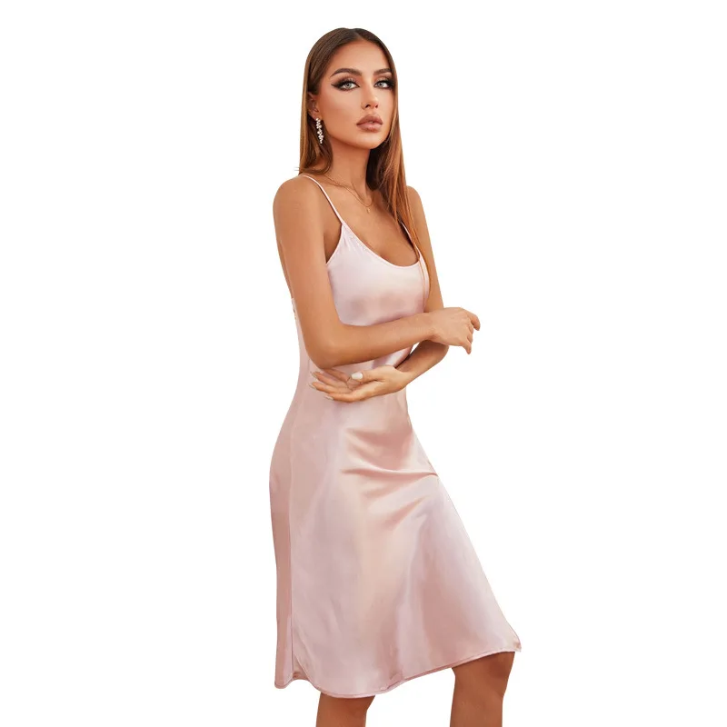 Summer Sexy Slit Suspender Nightdress Home Sleeveless Mid-length Solid Color Pajamas Women's Thin Section Ice Silk Dress