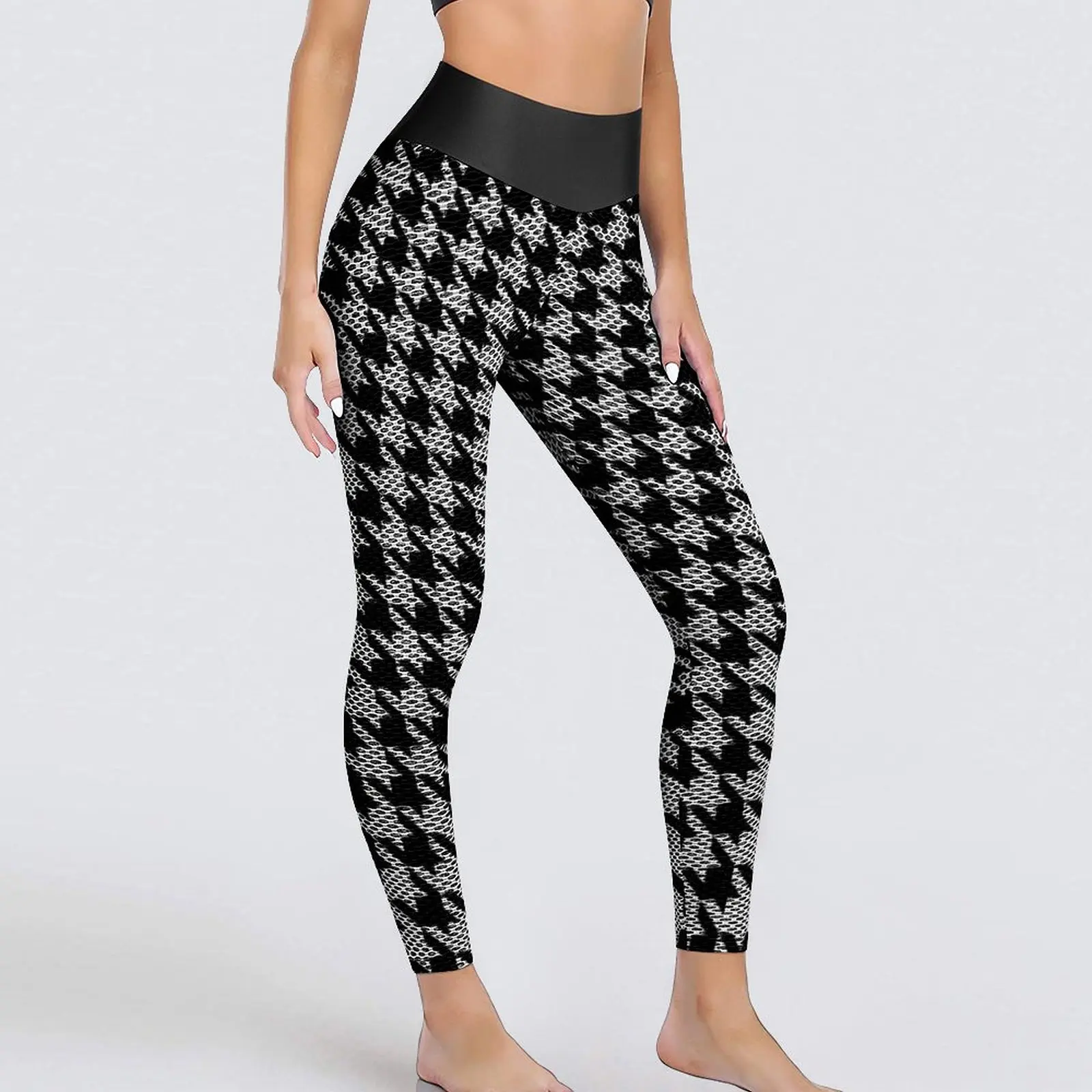 

Black And White Plaid Yoga Pants Sexy Houndstooth Print Design Leggings Push Up Fitness Leggins Elegant Elastic Sport Legging