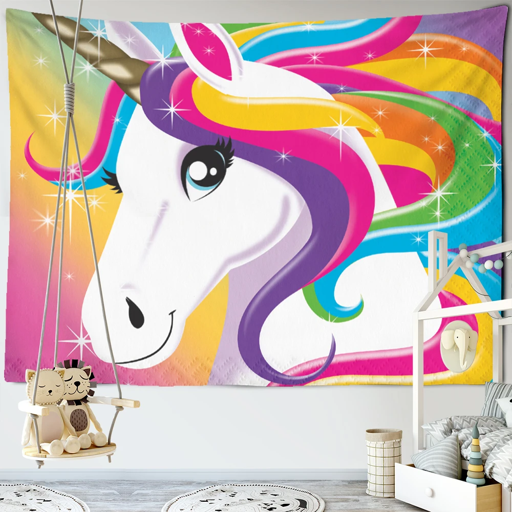 

Colorful Cartoon Unicorn Tapestry Kawaii Fantasy Animals Tapestries Kids Room Decor Wall Covering Rainbow Background Wall Cloth