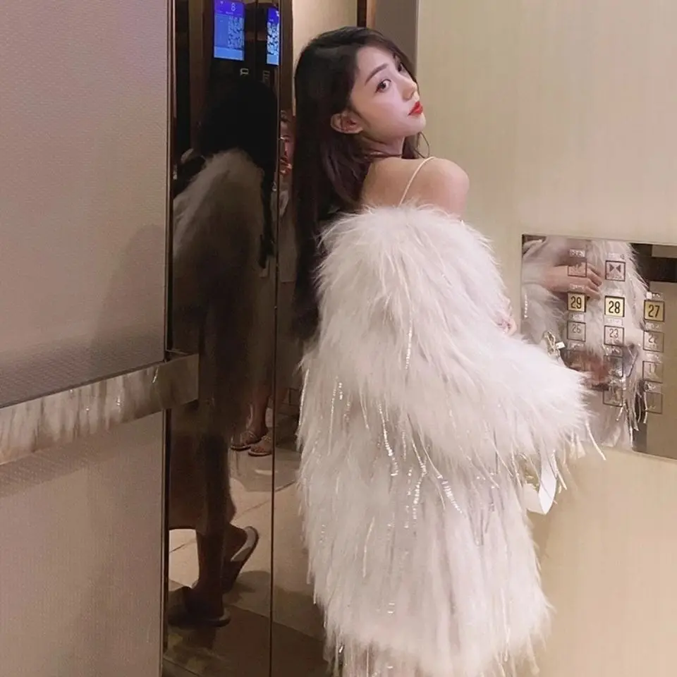 Fur coat, medium long wool bright silk coat, female winter