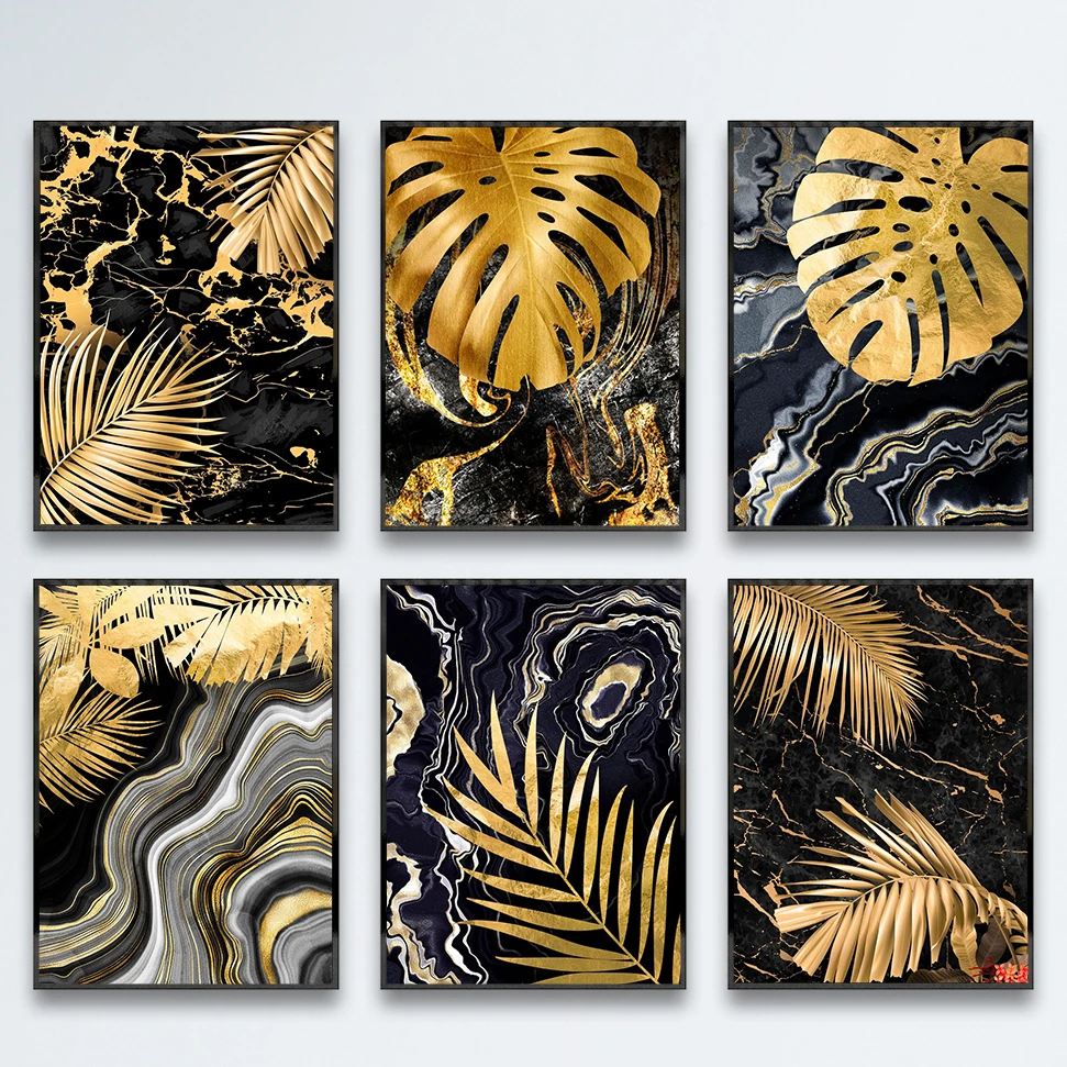 

Modern Black Gold Leaves Wall Art Canvas Painting Tropical for Living Room Nordic Posters with Prints Wall Pictures