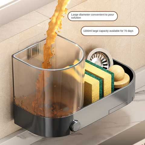 Настенный дозатор кухонного мыла 1200 мл с держателем для губки и сливным поддоном, ручной пресс, держатель для жидкости, большая емкость без перфорации