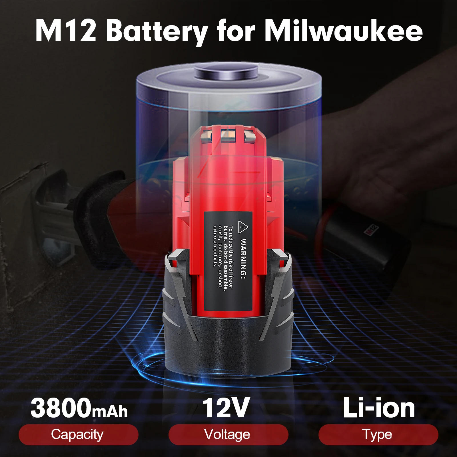 Фото Аккумулятор 3800 мАч для Milwaukee M12, аккумуляторная батарея 3,8 Ач для аккумуляторных инструментов 12 В 48-11-2402 48-11-2411 48-11-2401 MIL-12A-LI №2
