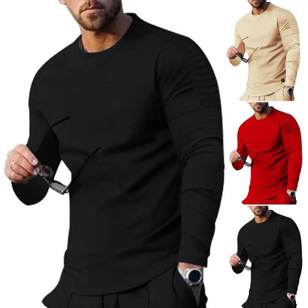 

Men Autumn Tops Pleated Round Neck Long Sleeves Men Base Tops Solid Color Pullover Tops Simple Casual Spring Fall T-shirt 2022