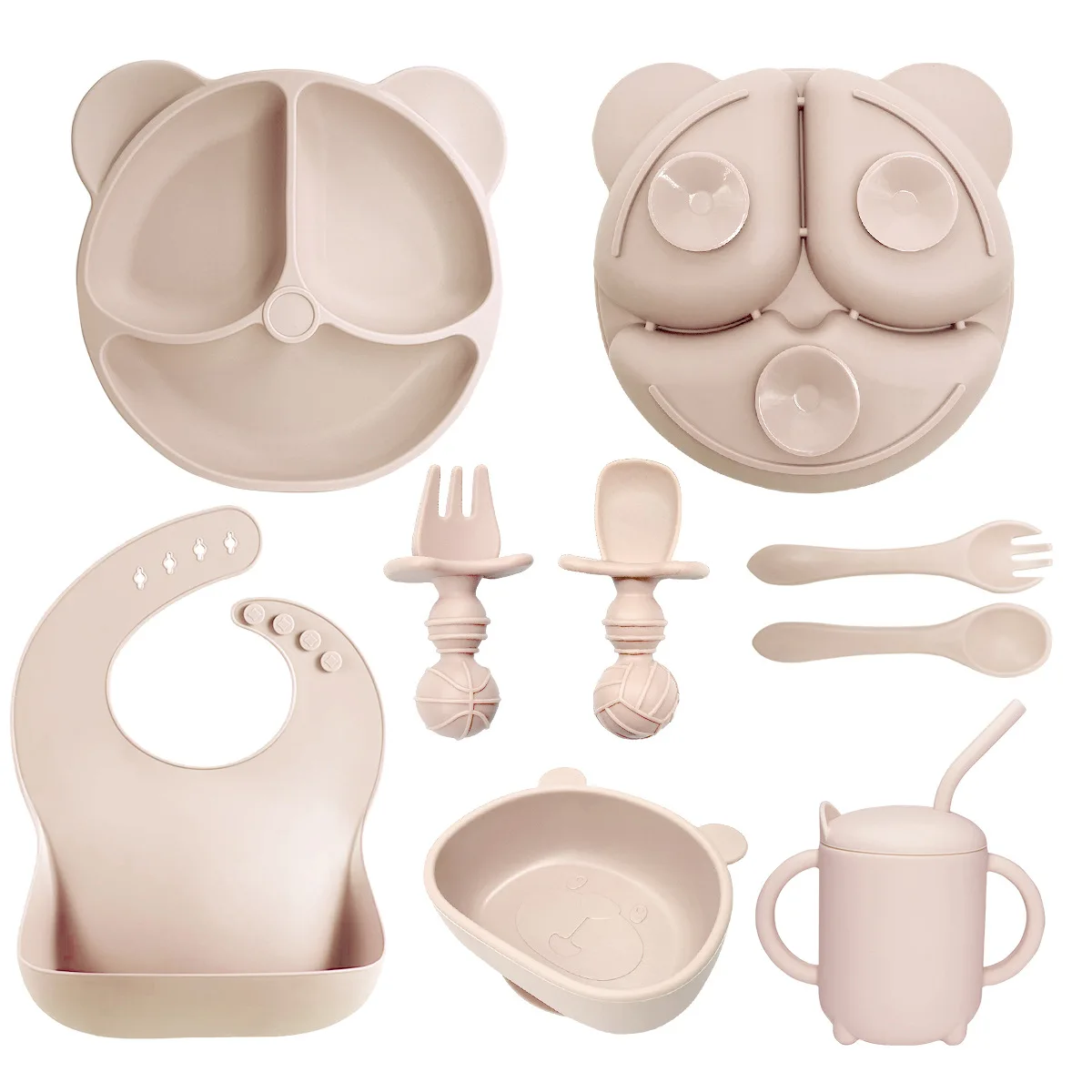 

8/6/5PCS Silicone Baby Feeding Set Cute Bear Baby Suction Plate Adjustable Bibs Sippy Cup Sucker Bowl Spoon Fork Children Dishes