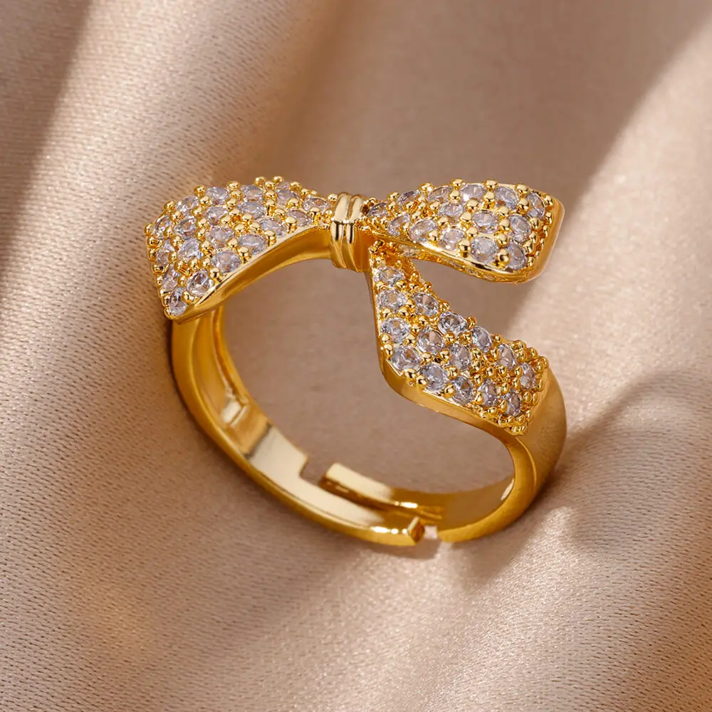 

Romantic Zircon Bowknot Rings For Women Gold Plated Stainless Steel Adjustable Bowknot Ring Elegant Luxury Aesthetic Jewelry