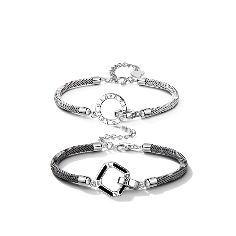 

925 Sterling Silver Bracelet Simple Love Round Square Braided Bracelets Bangles For Lovers Women Wedding Party Jewelry Gift