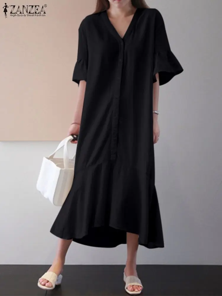 

Платье ZANZEA женское средней длины с V-образным вырезом, однотонное элегантное вечернее праздничное платье-рубашка с оборками, свободное с ко...