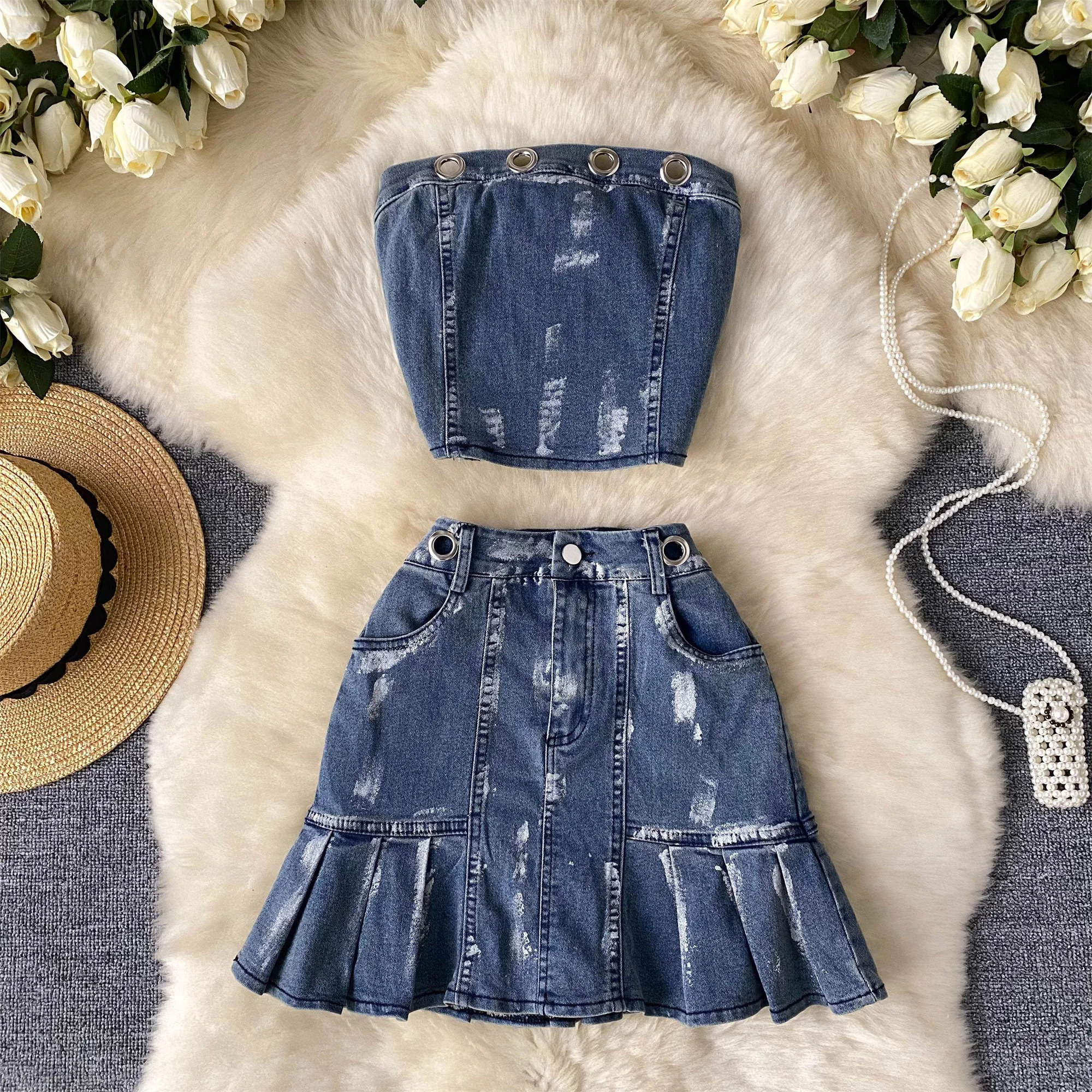 Женский комплект из 2 предметов джинсовый Топ без бретелек и короткая облегающая