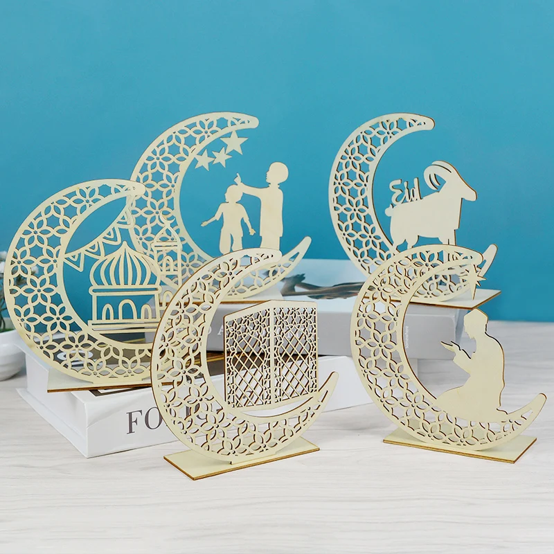 

Eid Mubarak Wooden Carved Hollow Ornaments Ramadan DIY Star Moon Table Desktop Handcraft Islamic Muslim Party Home Decor Supply