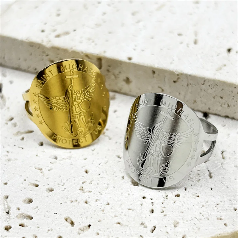 Кольца Saint Michael Protect Us для женщин и мужчин из нержавеющей стали цвета: золото