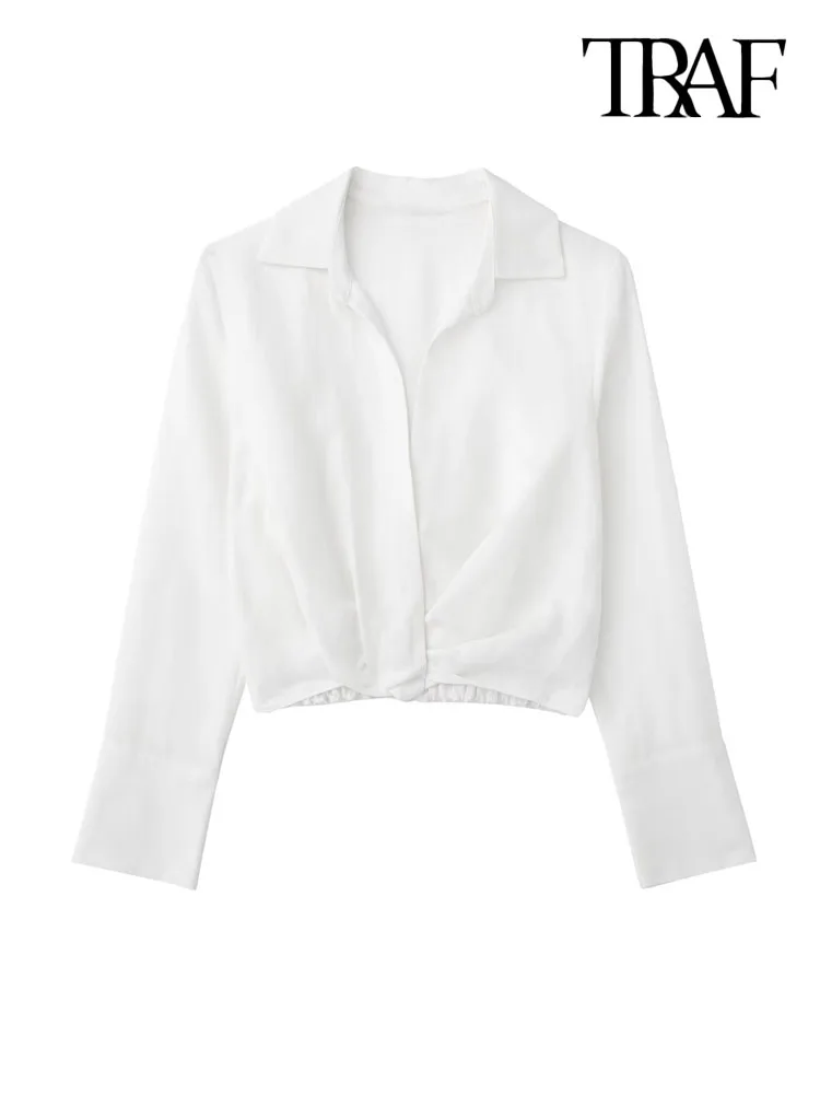 

TRAF Women Fashion With Knot Pleated Linen Cropped Blouses Vintage Lapel Collar Long Sleeve Female Shirts Blusas Chic Tops
