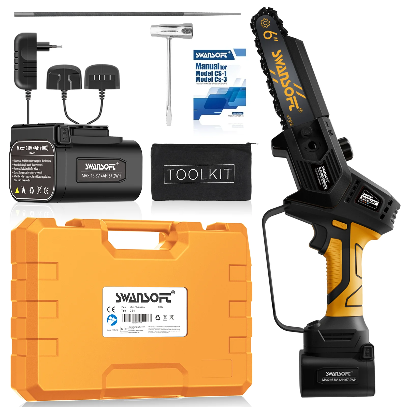 SWANSOFT Бесщеточная аккумуляторная бензопила 6-дюймовая ручная Аккумуляторная для