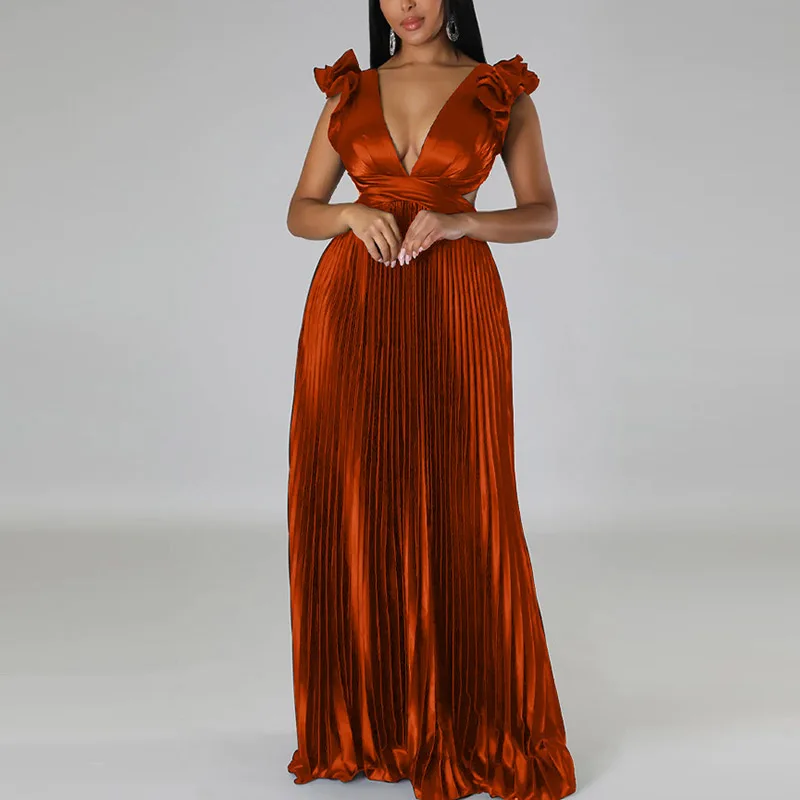 

Sexy Backless Criss-cross Tie-up Party Dress Elegant V Neck Ruffle Sleeveless Long Dress Women Fashion Satin Maxi Pleated Dress