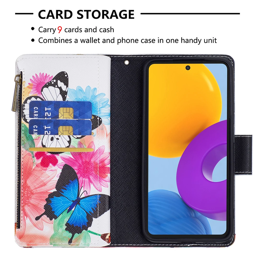 Zipper Multi-card Slot Flip Case for Samsung Galaxy M52 5G Leather Wallet Bags Cover on For Samsung M32 M02 M11 M10 Painted Capa