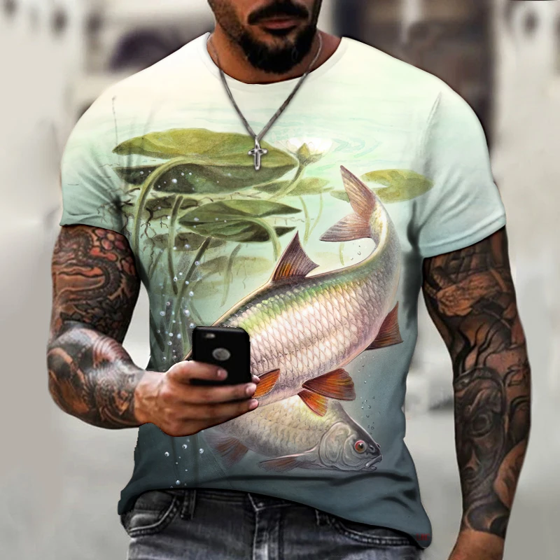 

T-Shirt à col rond pour hommes, décontracté et amusant, avec impression de poisson en 3D, pour le sport, tendance, été, 2021