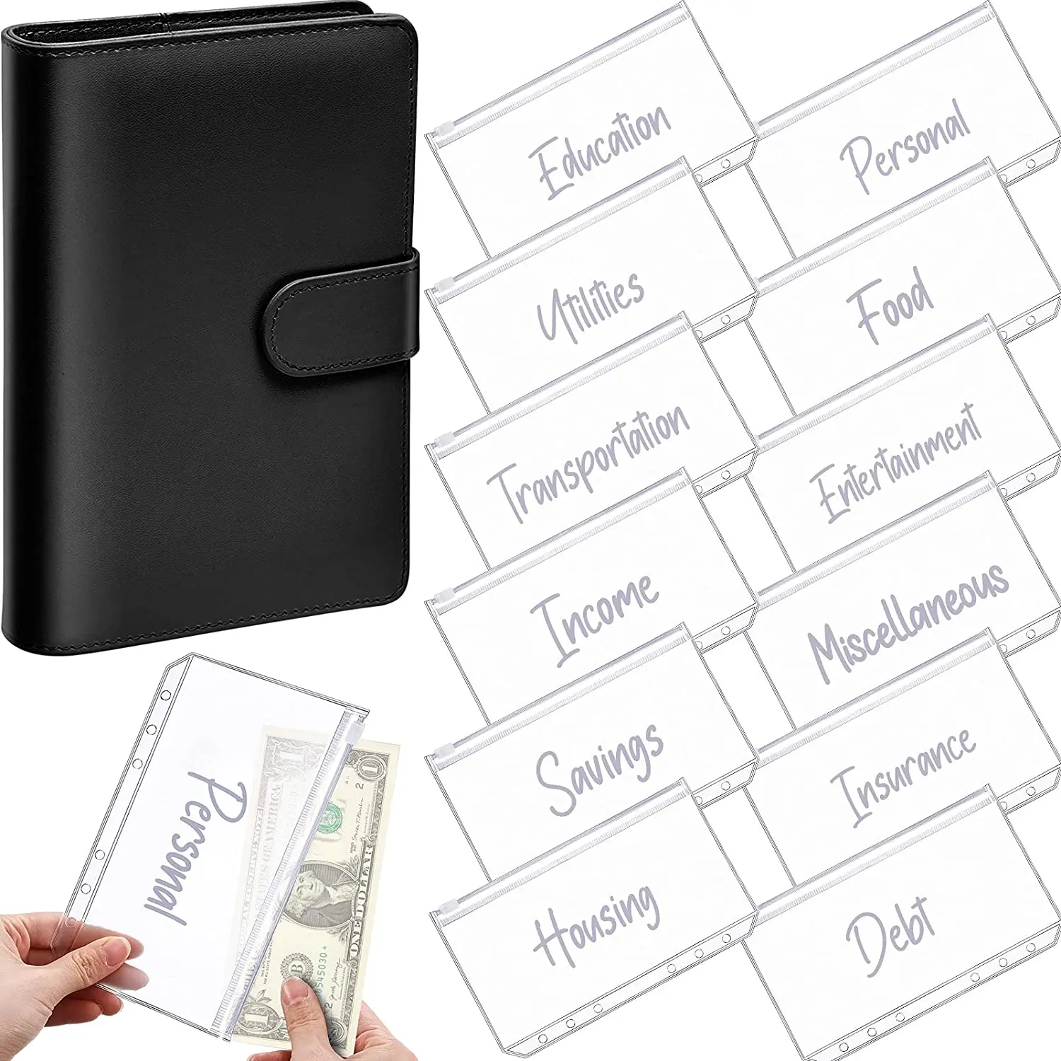 

A6 PU Leather Notebook Personal Planner Budget Organizer Binder Cover with 12 Letters Binder Pocket Folders for Bill Budgeting