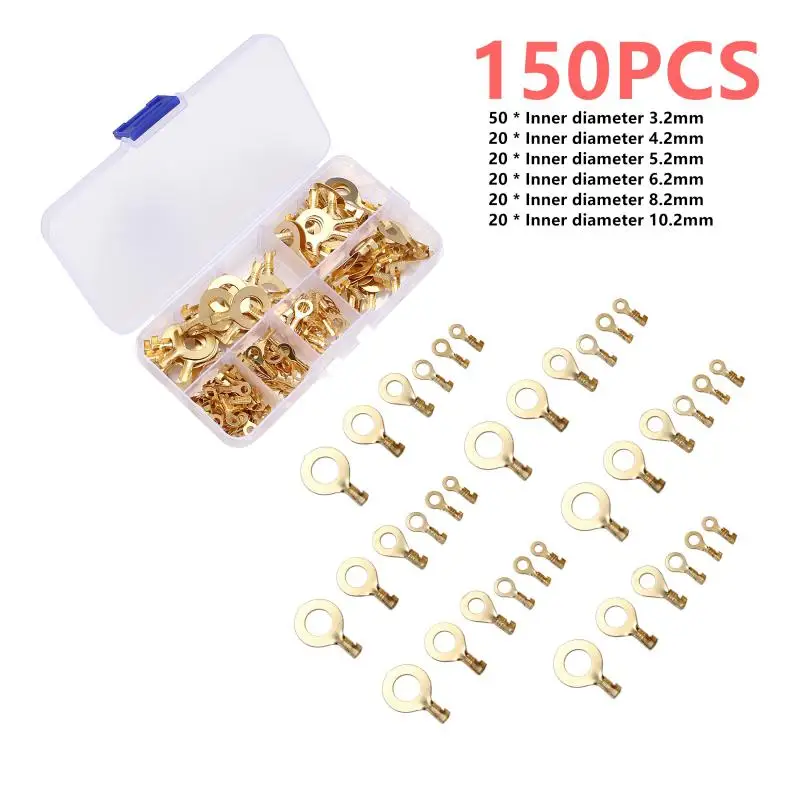 

150PCS Car Disassembly Tool Ring Type Gold Terminals Golden Brass Crimp Terminals Connectors 3.2mm-10.2mm Cable Wire Connectors
