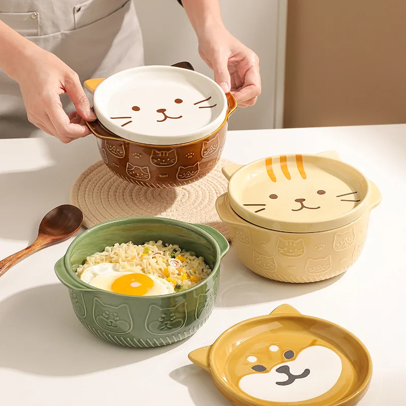 

Japanese Cartoon Cat Ramen Bowl with Lid Ceramic Cute Convenience Noodle Soup Salad Fruit Rice Bowl Home Kitchen Cutlery Gift