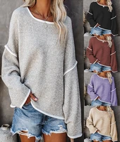 womens 2022 new solid color stitching long sleeved knitted sweater top casual round neck loose flared sleeve sweater