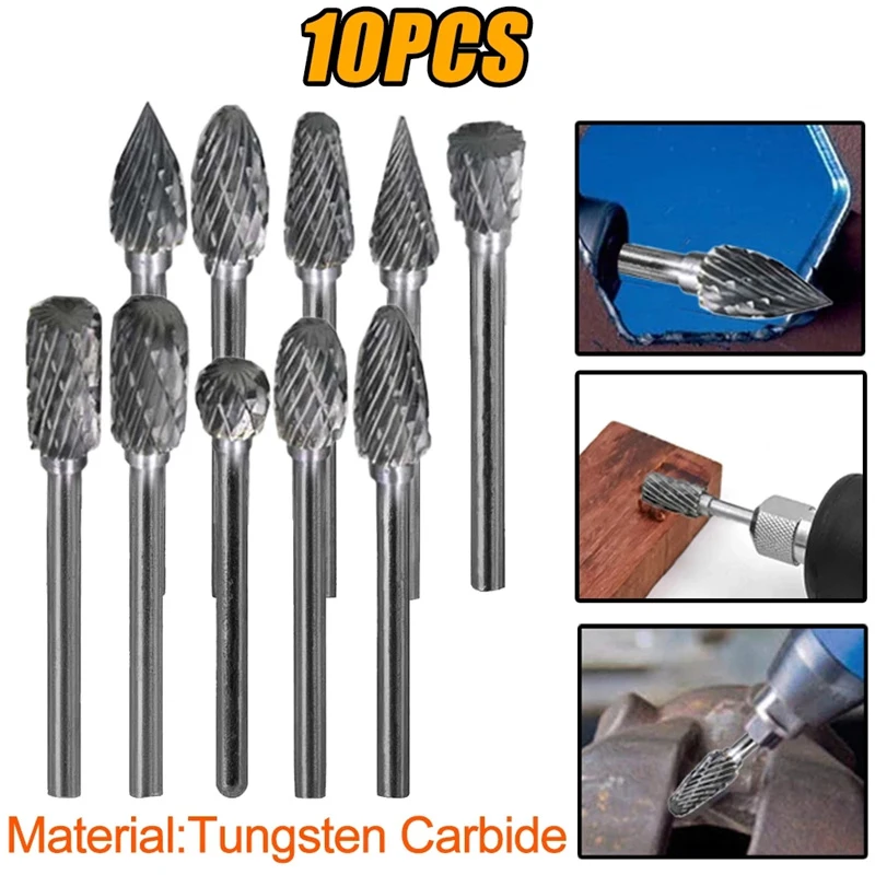 

10Pcs Wood milling cutter grinding carbide tungsten steel double rotary file head woodworking grinding head root carving cutter