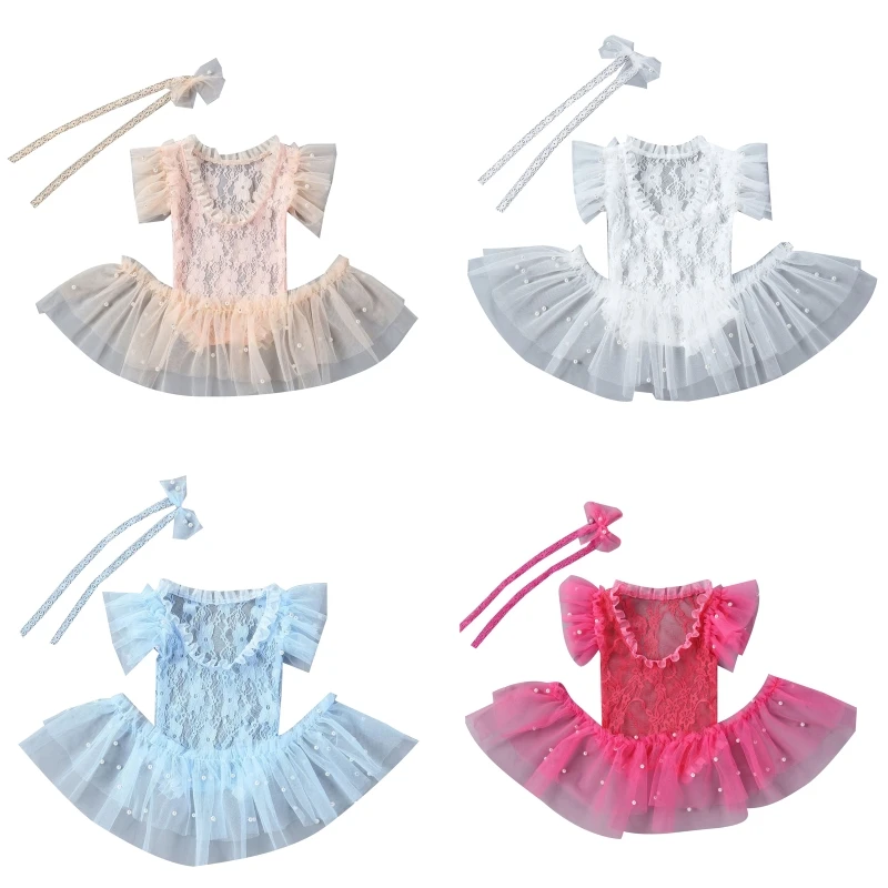 

Neutral Photography Props Jumpsuits Set for Baby Newborn Infant 3pcs Lace Romper Pearl Mesh Skirt Photo Shooting Costume