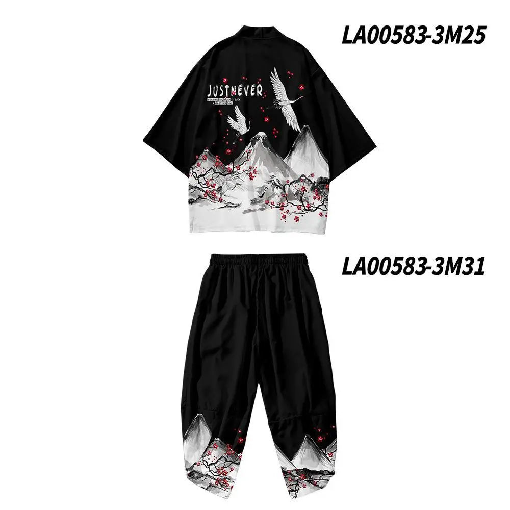 Lounge Print Crane Men Robe Sets Casual Summer 3/4 Sleeve Tao Robe Pant Pajamas Suit Sleepwear Chinese Style Underwear Home Wear