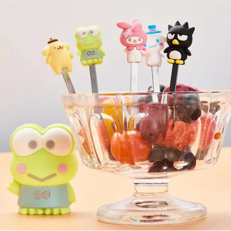 

5Pcs Sanrioed Hellokittys Mymelody Badbadtz-Maru Cinnamoroll Keroppi Purin Fruit Fork Cute Cartoon Stainless Steel Fruit Fork