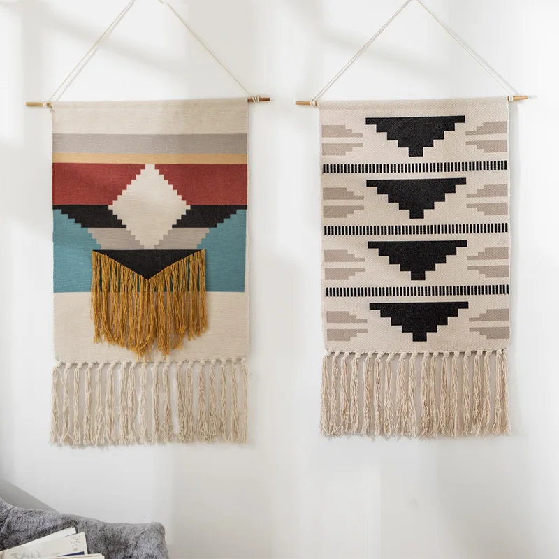 

Geometric Tassel Tapestry for Living Room Wall Hanging Nordic Homestay Wall Decor Tapestries Cotton Hand-woven Macrame Tapestry