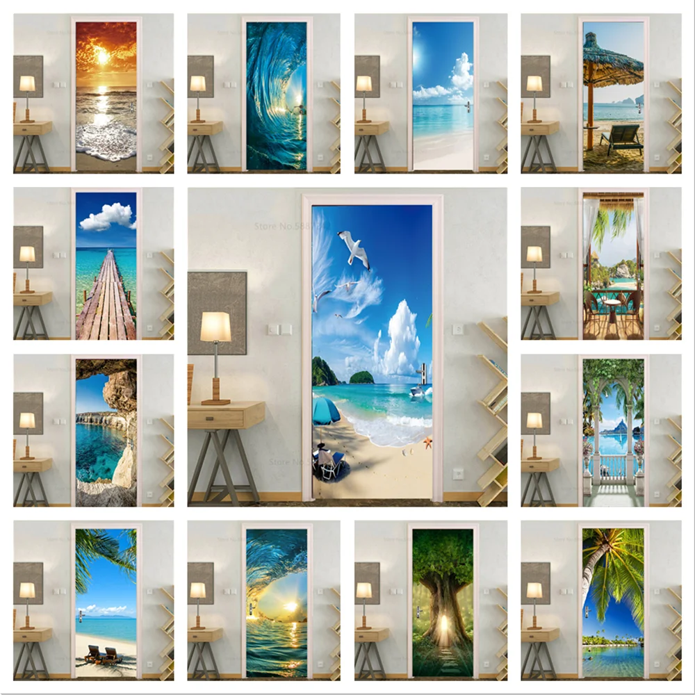 

Seaside Scenery Door Stickers Adhesive Sunset Beach Landscape 3D Wallpaper for First Door Refrigerator Closet Wardrobe Art Mural